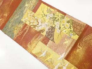 アンティーク　群鶴に荒波・菊・梅模様織り出し袋帯（材料）